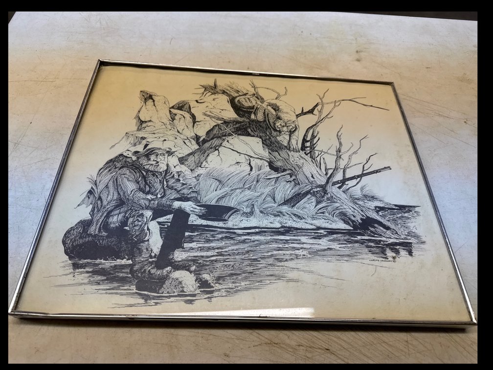 Western Theme Pen & Ink Etching Picture