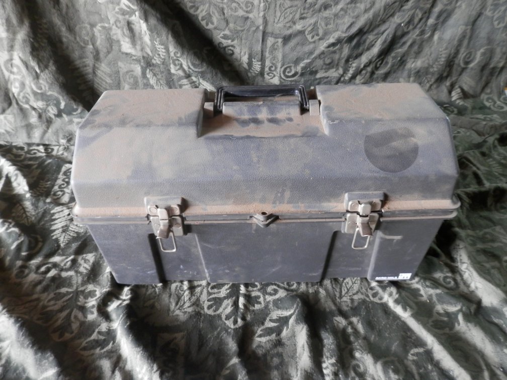 18” Plastic Toolbox of Assorted Tools, Hinges And Hardware