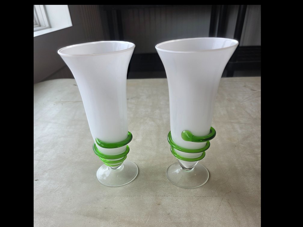 Satin Glass Vases with Green Glass Designs Around Stems