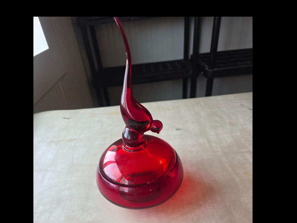 Viking Glass Ruby Red Long Tail Bird Candy Dish / Bowl
