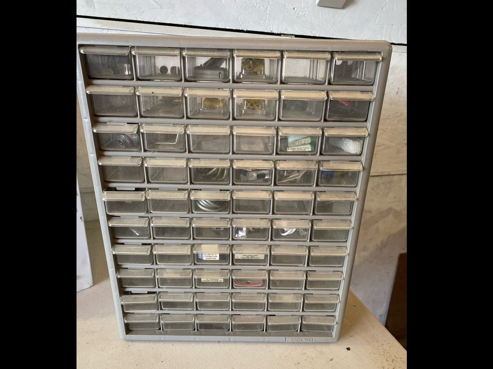 Organizer Bin with Plastic Drawers & Contents of Drawers