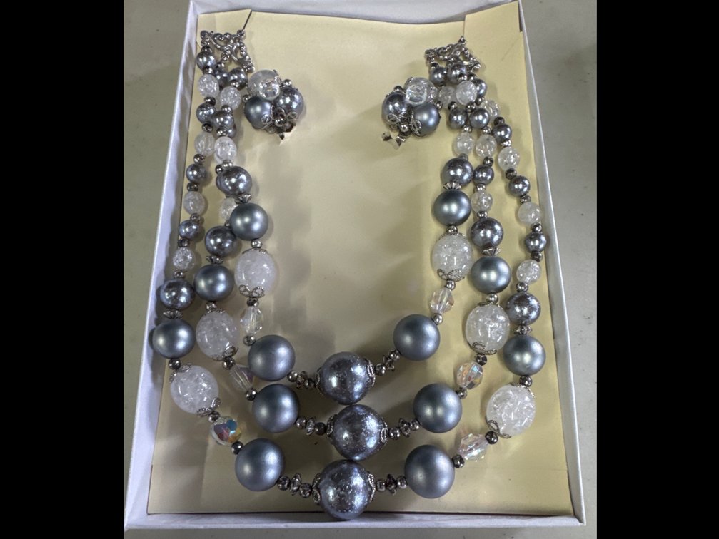 Faux Pearl and Crystal Beaded 3 Strand Necklace