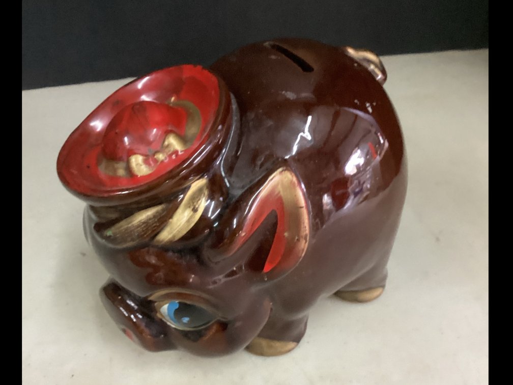 Hand Painted Redware Ceramic Piggy Bank