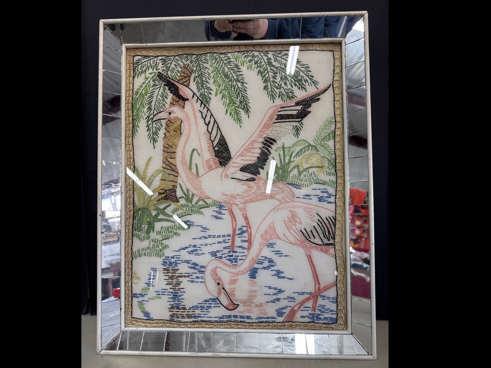 Embroidered Flamingos Wall Art