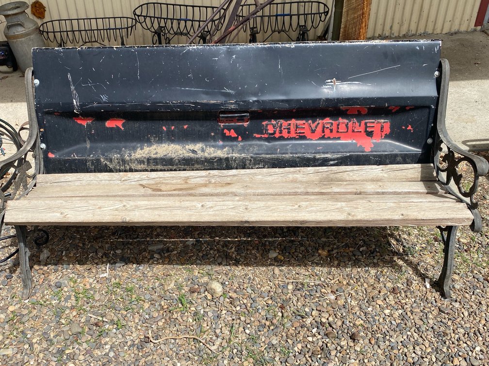 Metal Outdoor Bench with Chevrolet Tailgate Back