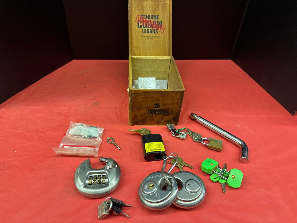 Assorted Locks and Wooden Cigar Box