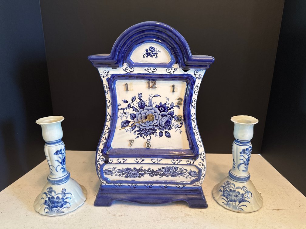 Delft Style Porcelian Mantel Clock & Candle Holders
