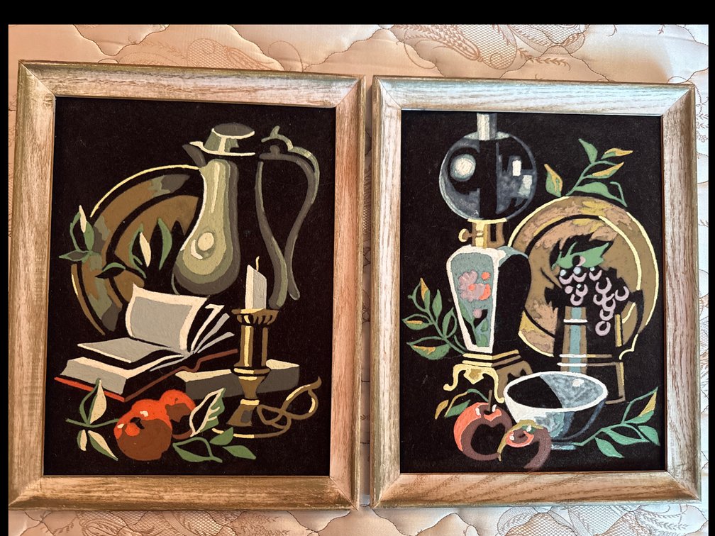 Mid-Century Modern Black Velvet Painting Of Still Life