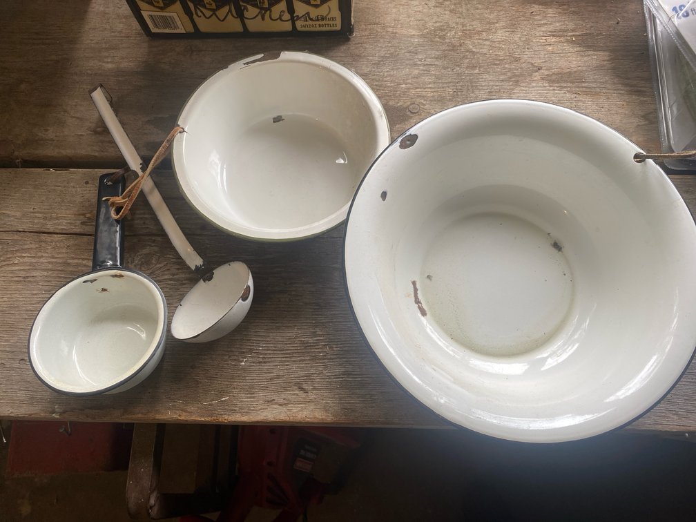Enamelware Bowls, Ladles, Coffee Pots & Canister