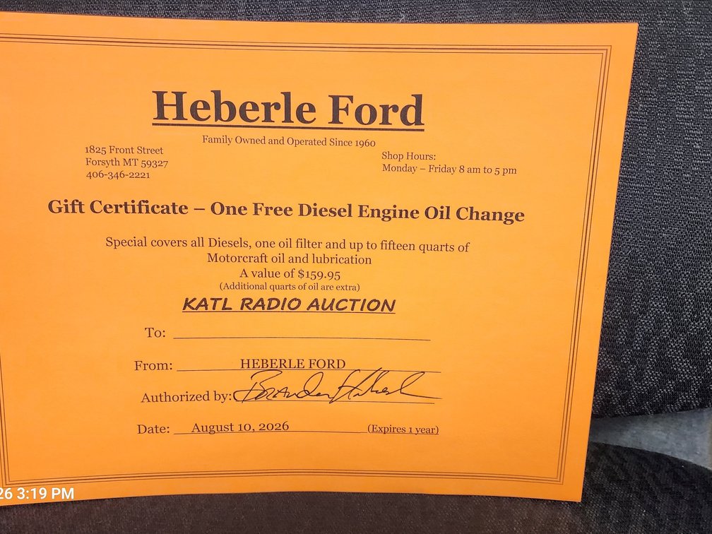 Heberle Ford  Forsyth Diesel Oil Change Gift certificae