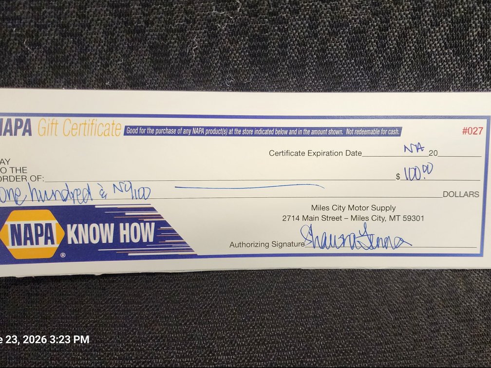 Miles City Motor Napa Store Gift Certificate