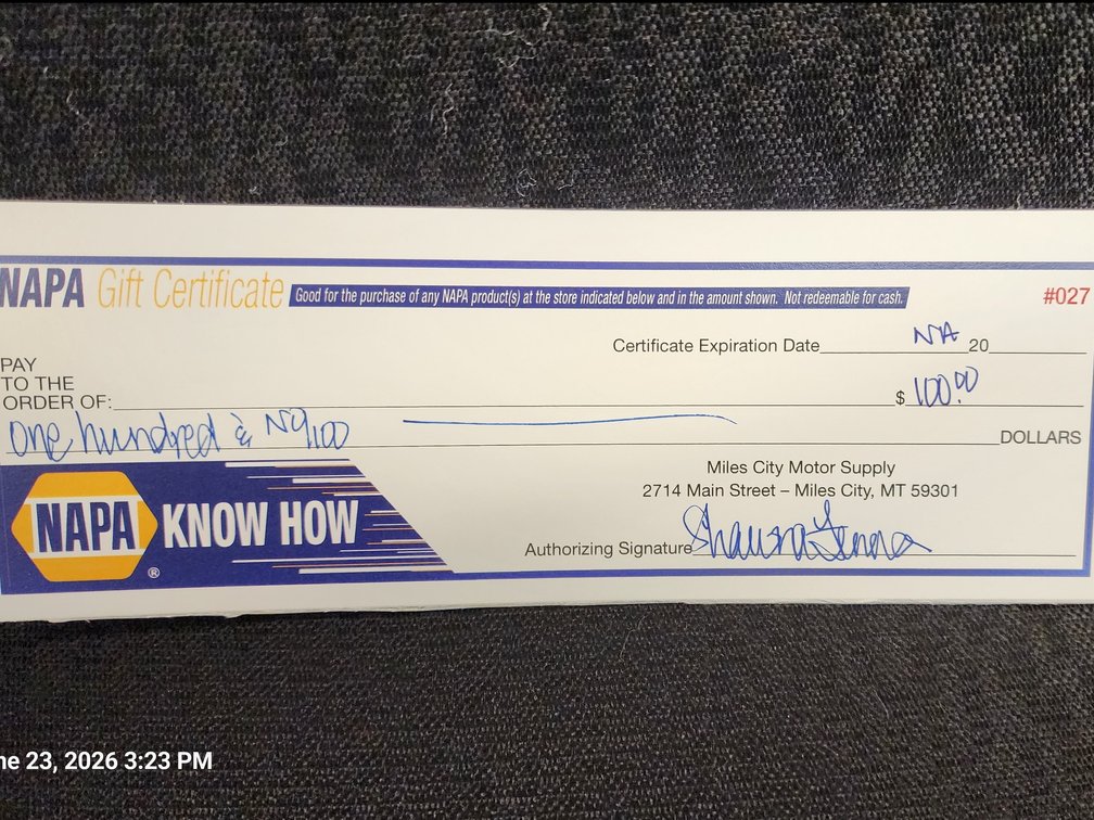Miles City Motor Napa Store $100 Gift Certificate