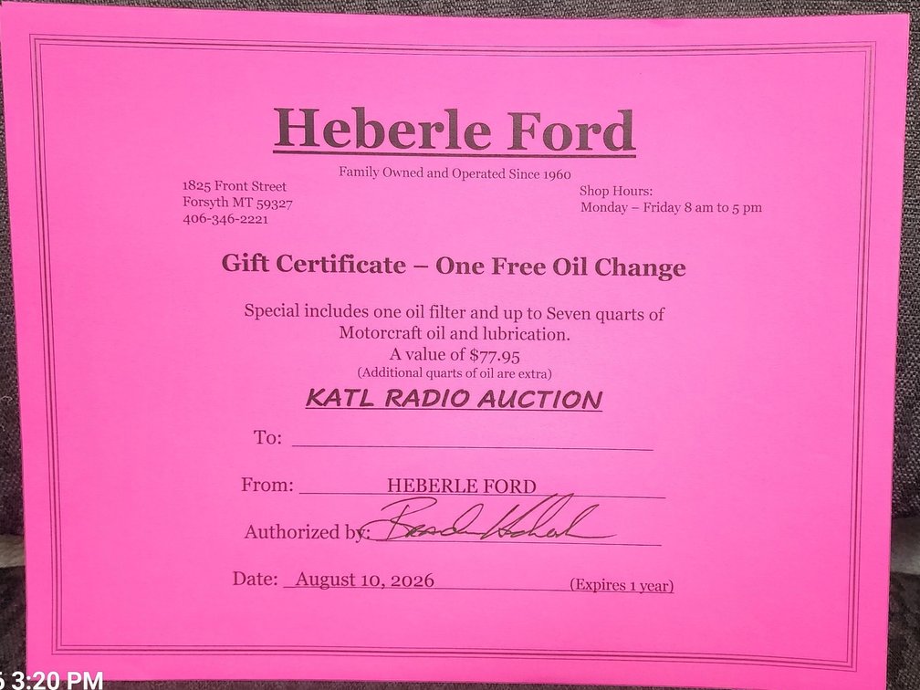 Heberle Ford Gas Oil Change Gift Certificate