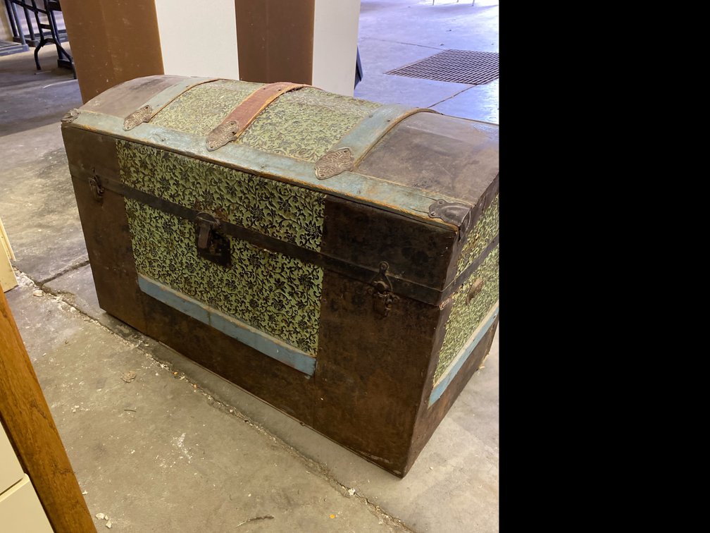 Camelback Steamer Trunk with Embossed Tin with Games