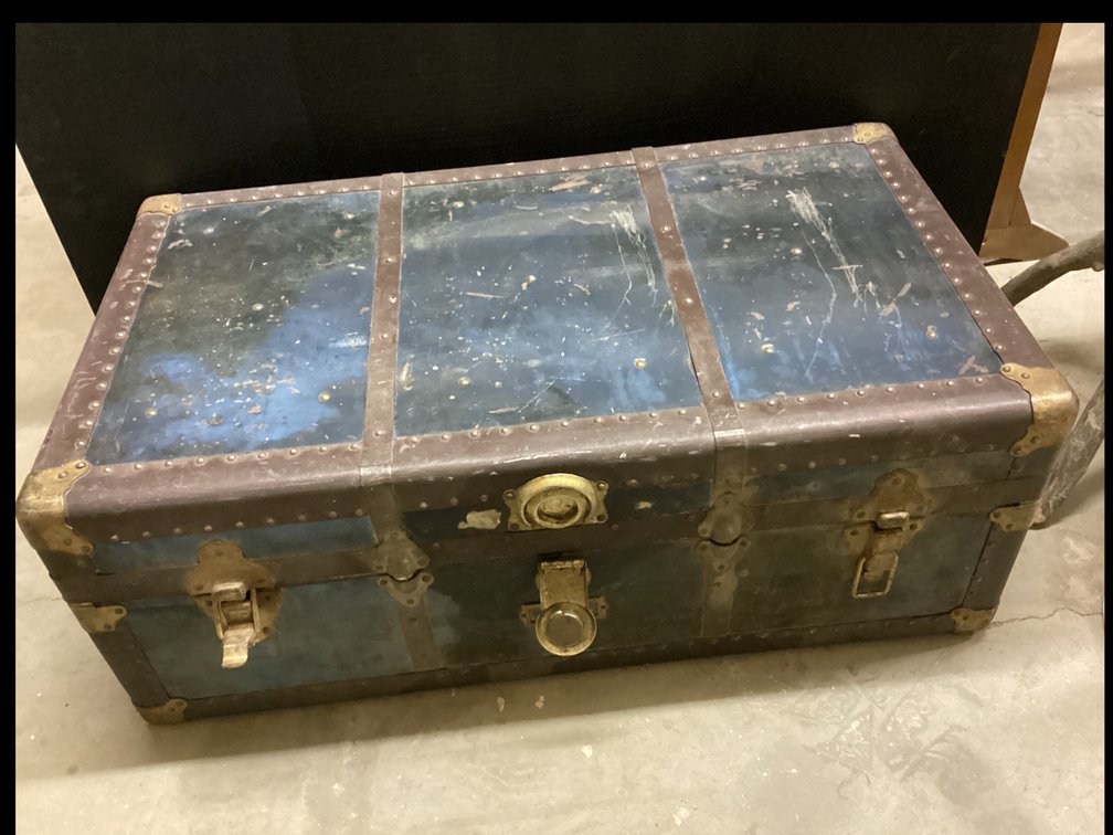 Antique Metal Banded flat-top Steamer Trunk With Working Lock & Key