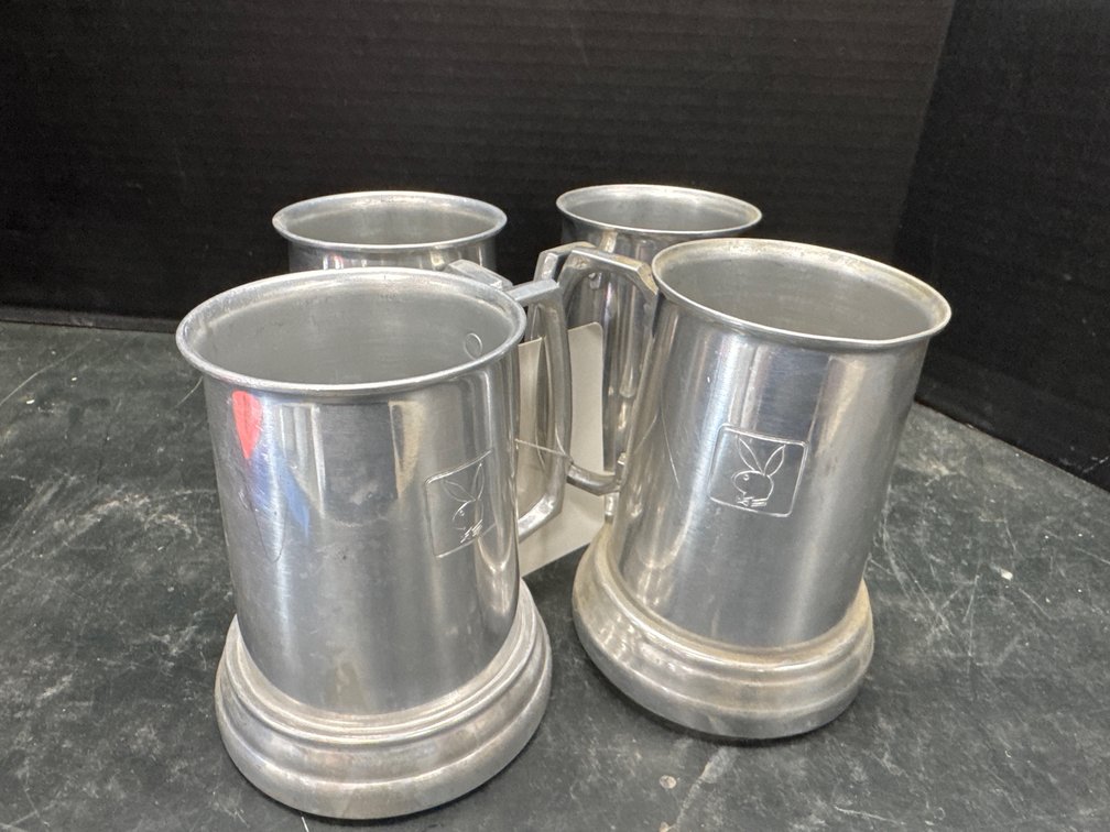 1970s Aluminum and Glass Bottom Playboy Bunny Beer Mugs