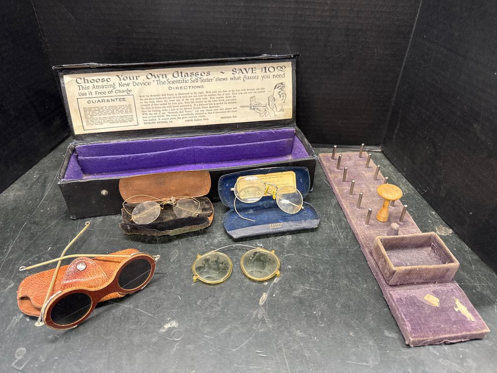 Assorted Vintage Glasses and Homemade Thread Spool Holder