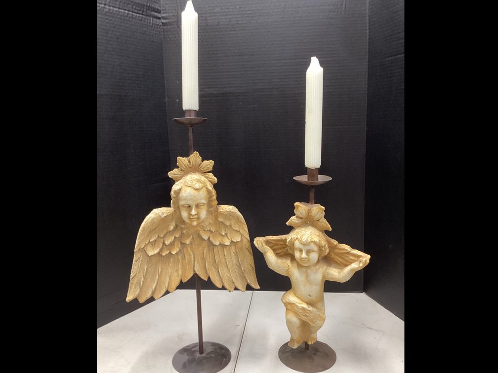 Distressed Plaster Style Cherub Angle Figurines Mounted on Single Metal Stand topped with Csndle