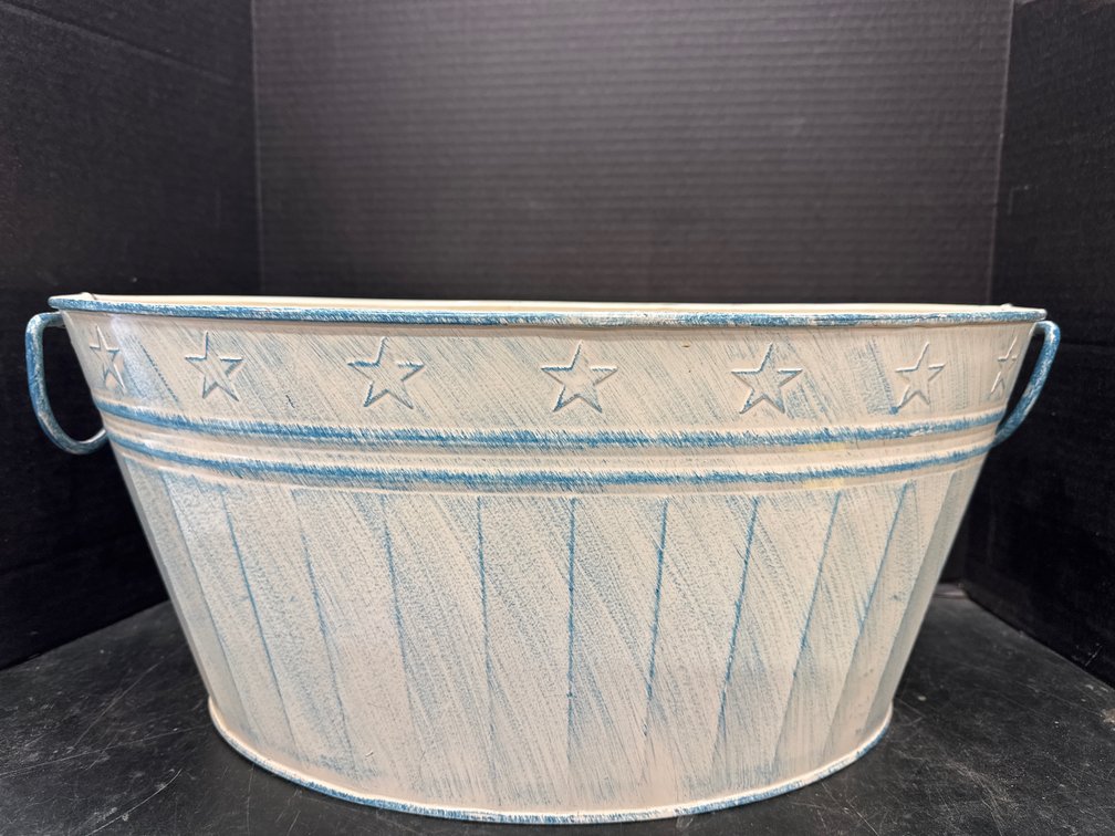 White & Blue Distressed Metal Tub