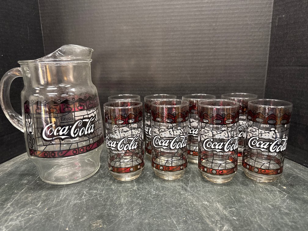 1970s Coca-Cola Tiffany Style Stained Glass Pitcher and Glasses