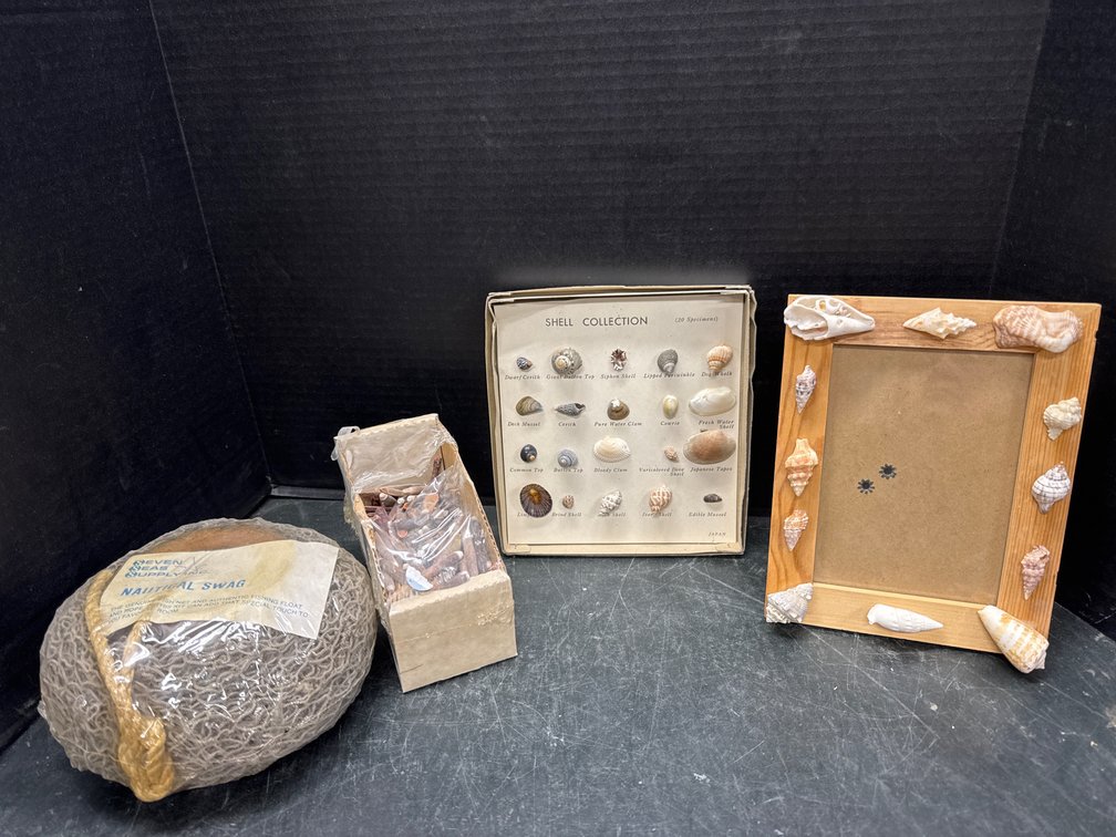 Seashell Frame,  Shell Collection, Nautical Swag Fishing Float, and Sea Urchin Spines