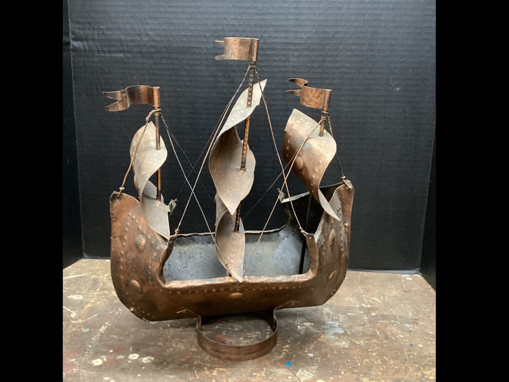 Hand Wrought Metal Sailing Ship Sculpture with Copper Tone Finish
