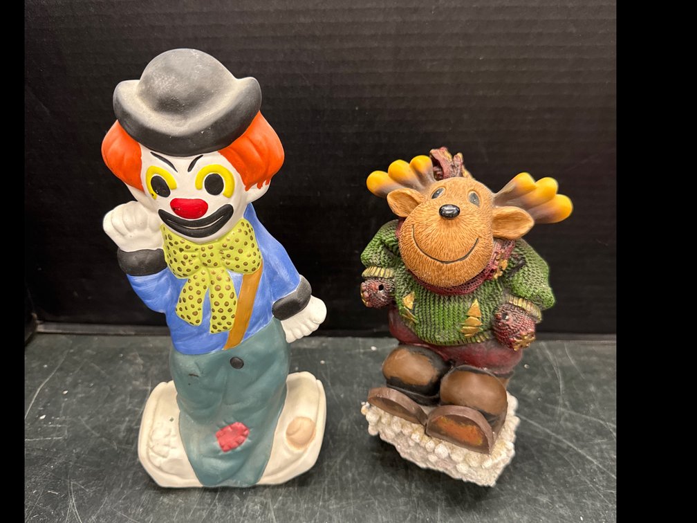 Ceramic Clown and Resin Moose On Skies Figurines