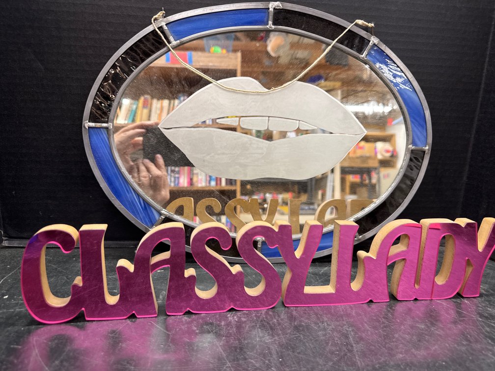 Stained Glass Mirror W/ Lips and Classy Lady wood Sign