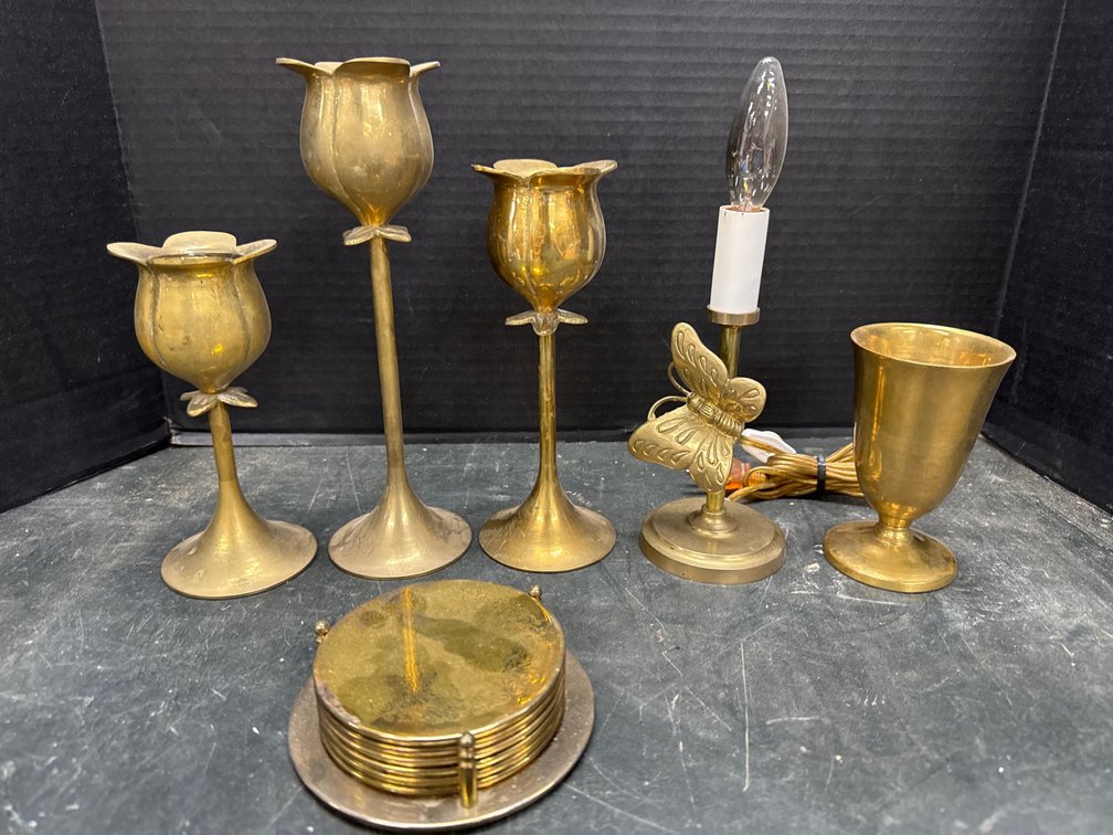 Brass Candle Holders, Light, and Coasters