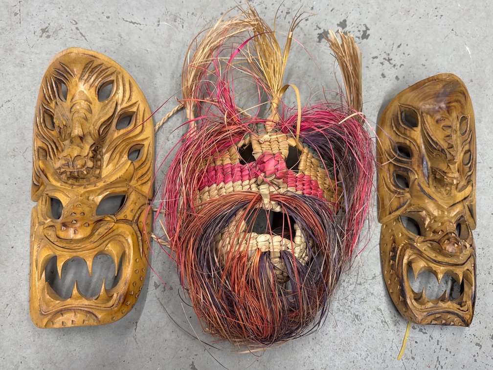 Wood Hand Carved Plaques and Woven Fiber Mask