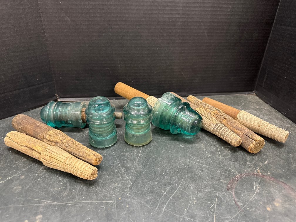 Glass Insulators and Threaded Wood Pegs