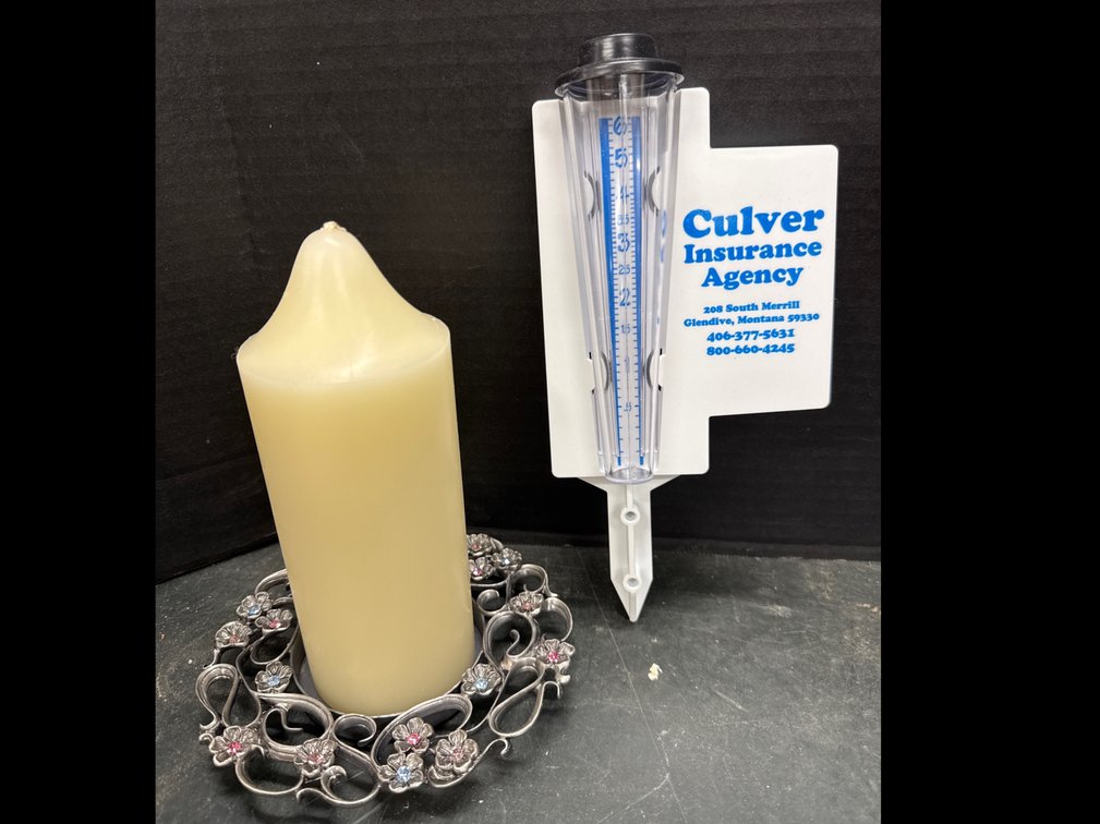 Partylite Candle & Holder, and Culver Insurance Agency Rain Gauge