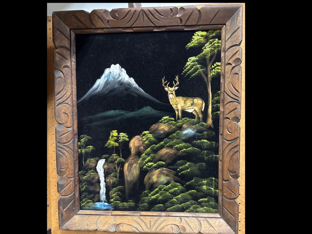 Black Velvet Painting Of Deer By Waterfall