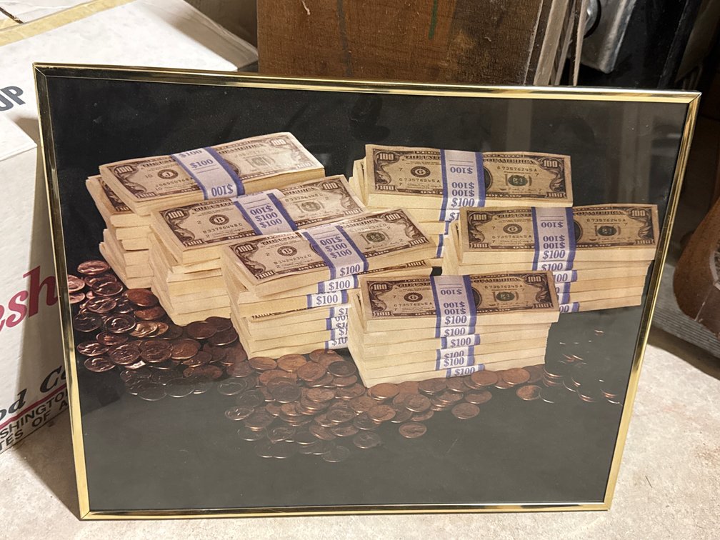 Decorative Picture Of Banded Stacks Of 100$ Bills and Coins