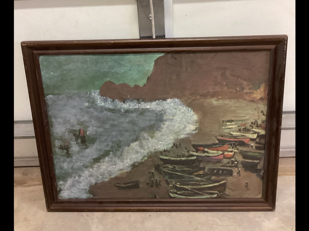 Framed Oil Painting “Fishing Boats Pulled up on Sandy Beach