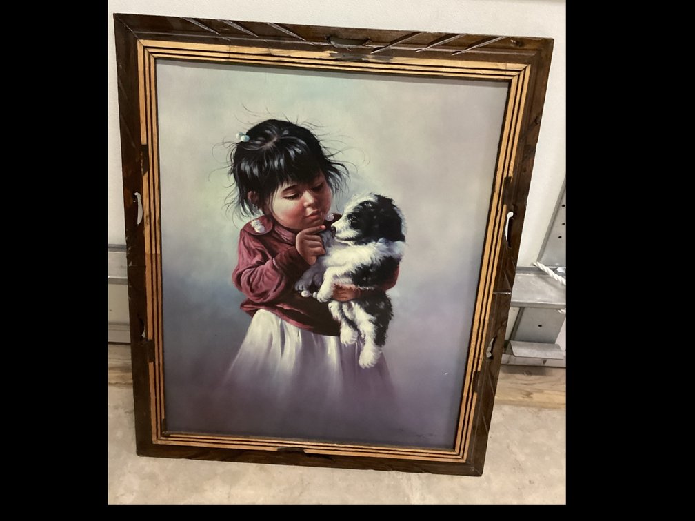 Wood Framed Print “Young Girl Holding A Puppy”