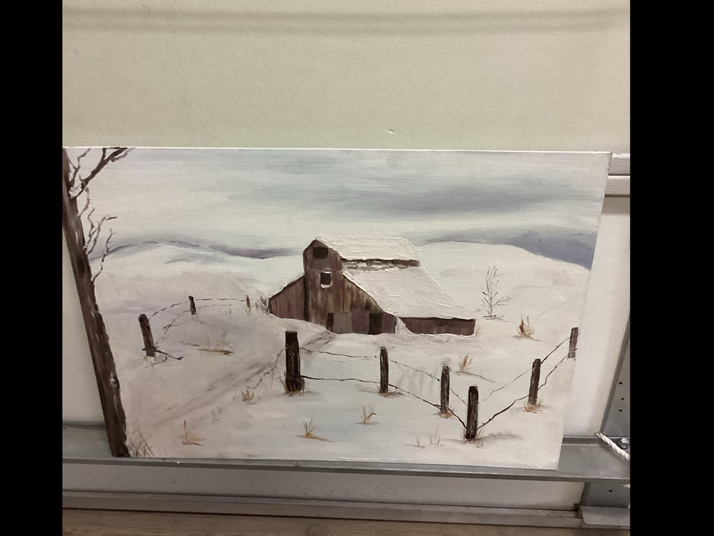 Unframed Oil on Canvas “Winter Barn Scene”