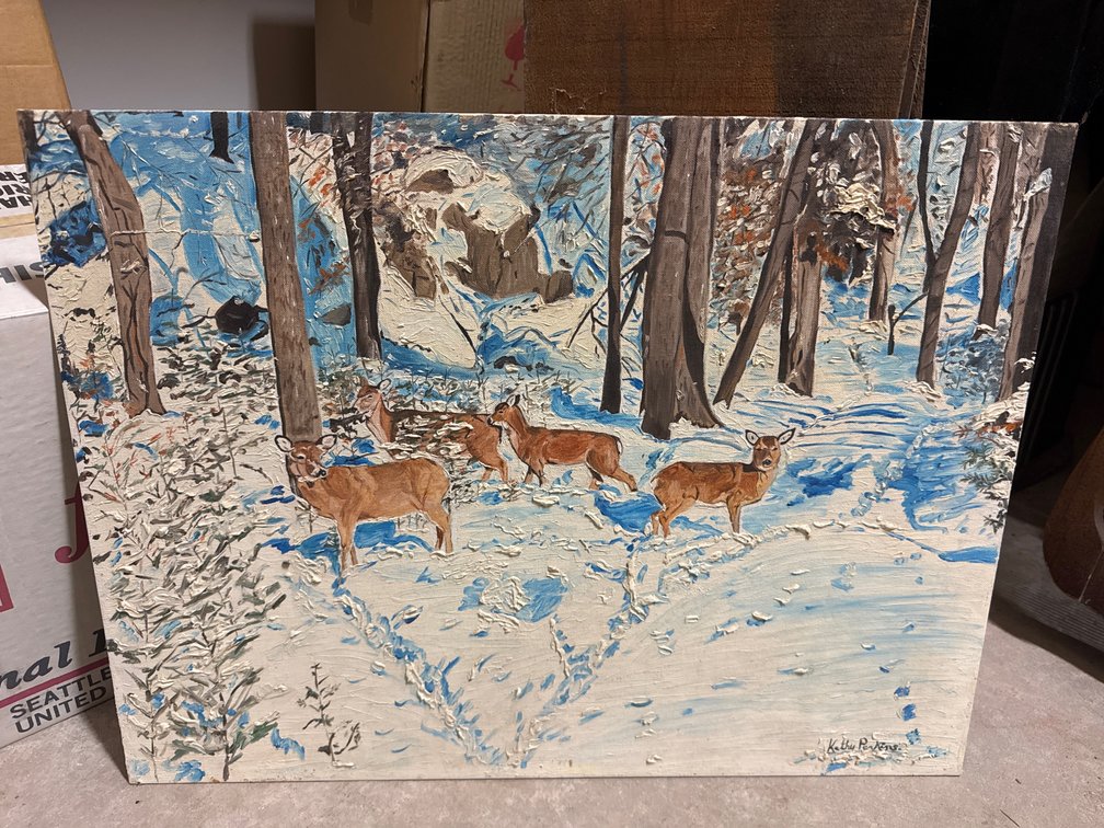 Painting Of Herd Of Deer In Wintery Forest Of Bare Trees