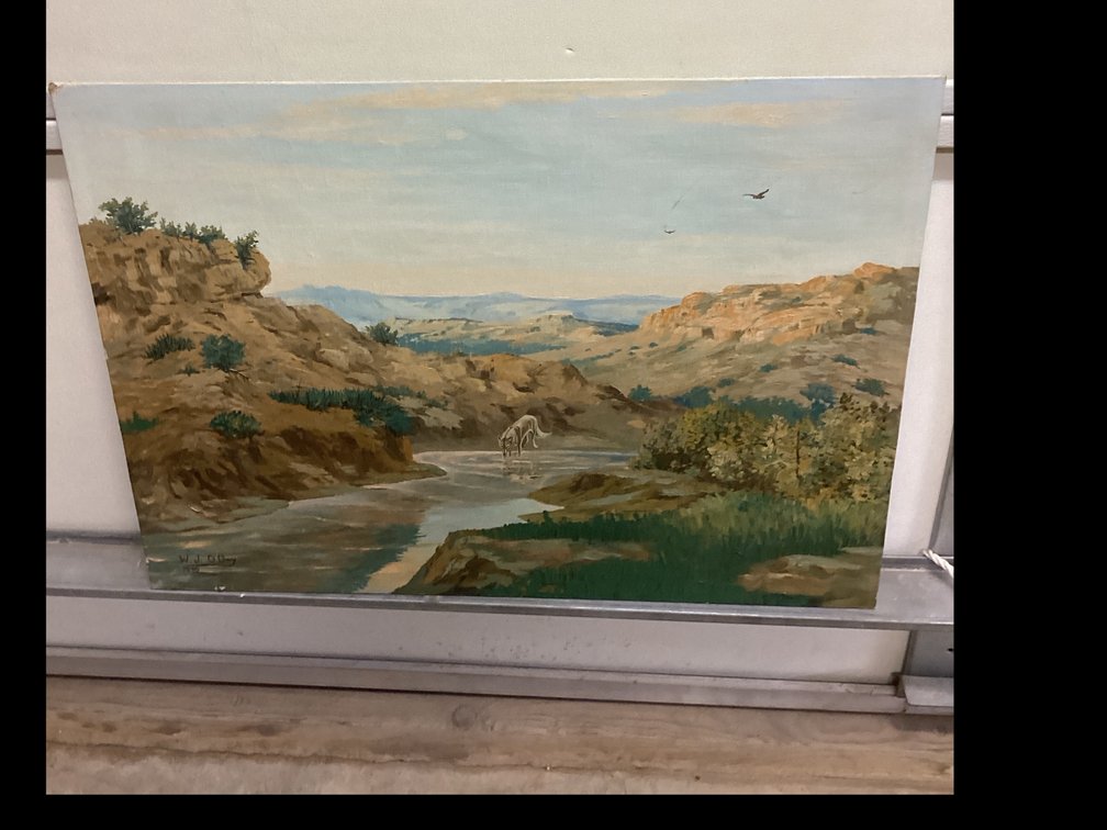 Unframed Oil on Canvas Painting “ Badlands Scene with Wolf “
