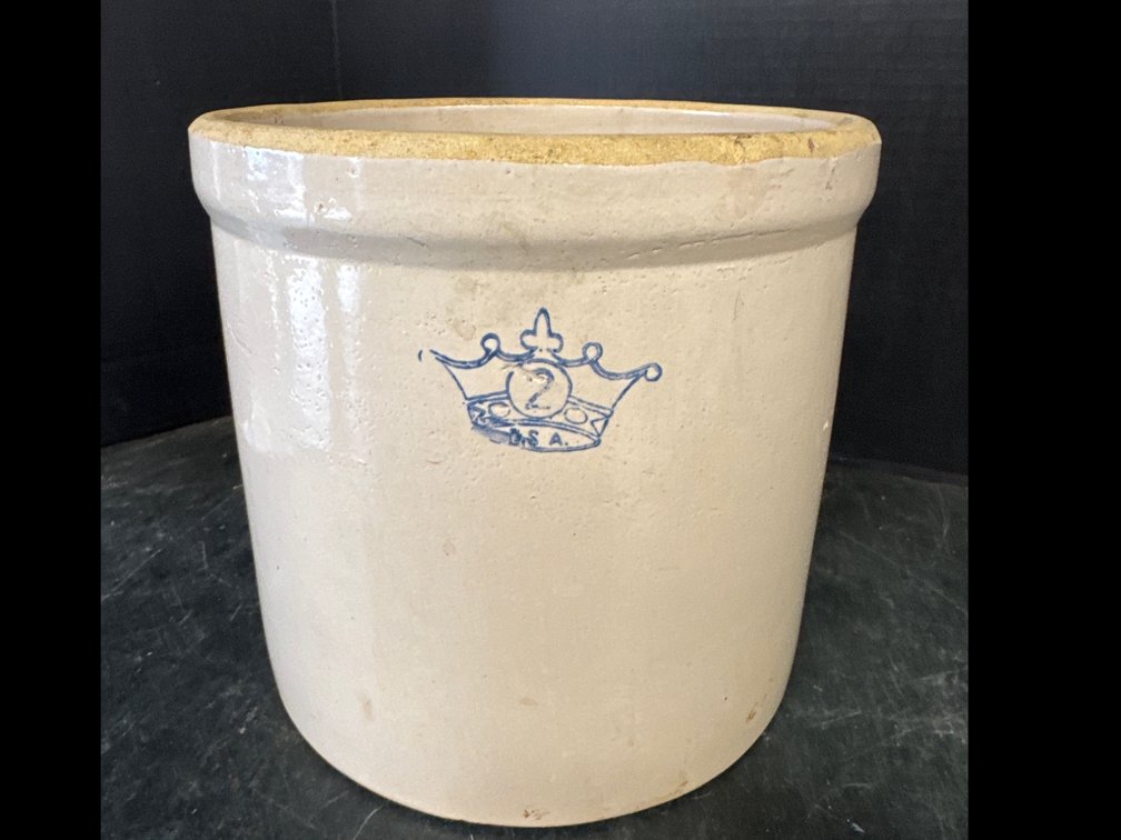 2 Gallon Stoneware Crock W/ Blue Crown Stamp
