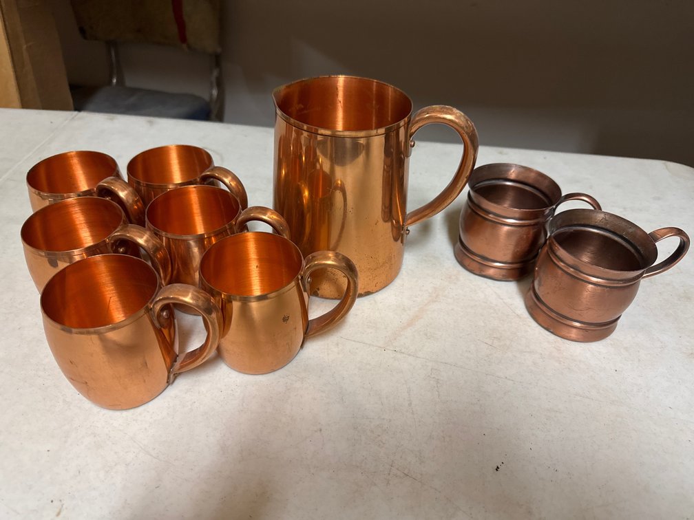 Polished Copper Mugs and Pitcher and Copper Barrel Style  Cups