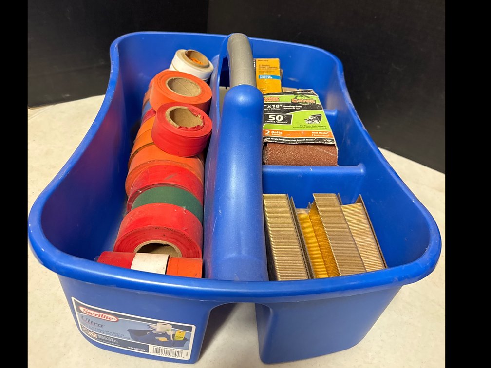 Caddy W/ Flagging Tape, Sanding Paper Belts, Bostitch 1” Staples