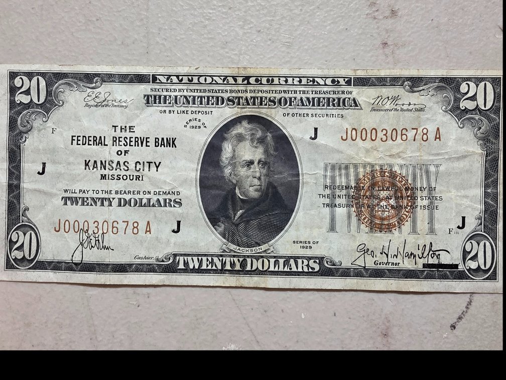 Series 1929 U.S. Red Line $20.00 From Federal Reserve Bank of Kansas City