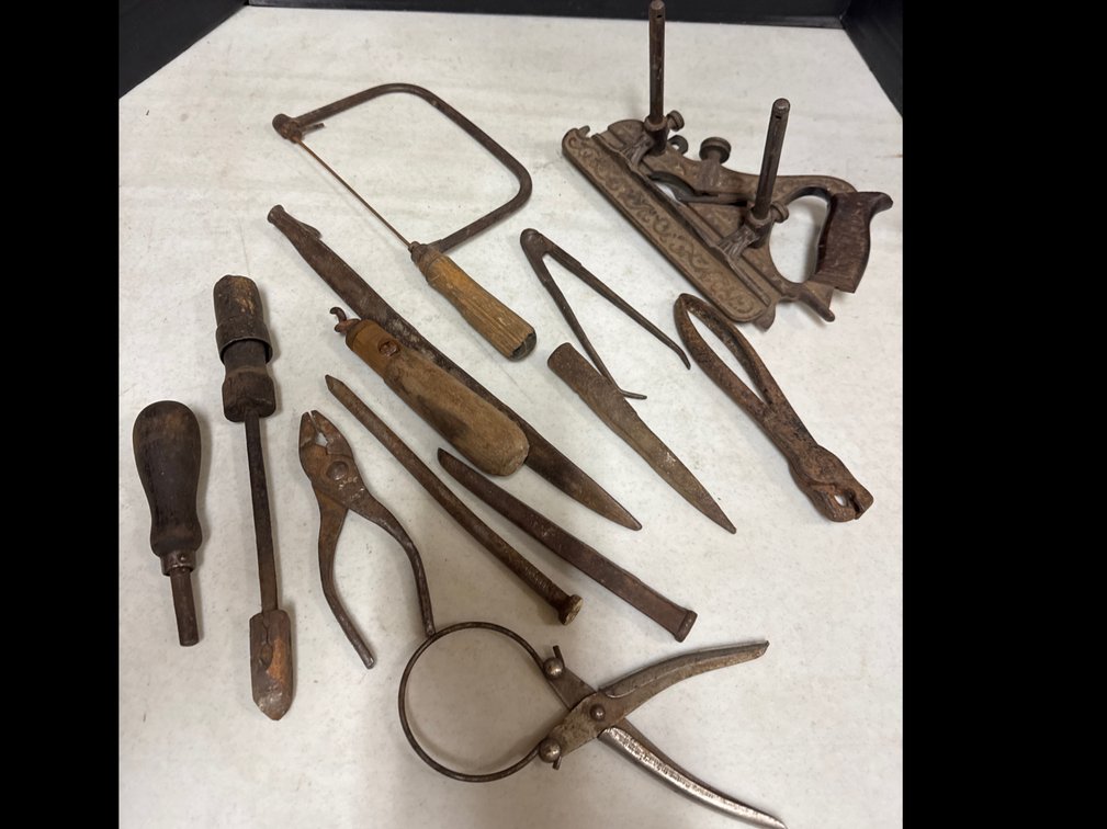 Cast Iron Plow Plane, Coping Saw, Pliers, Jar Wrench, Snips