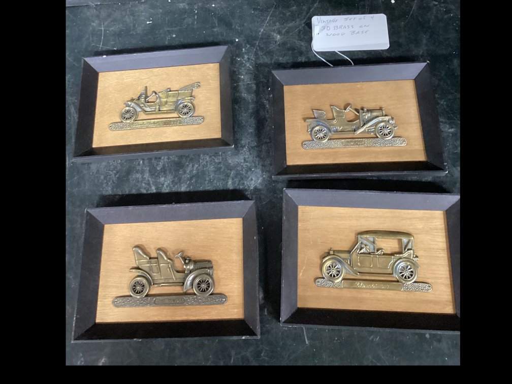 Vintage Set of 4 Framed 3D Brass Cars on Wood Base