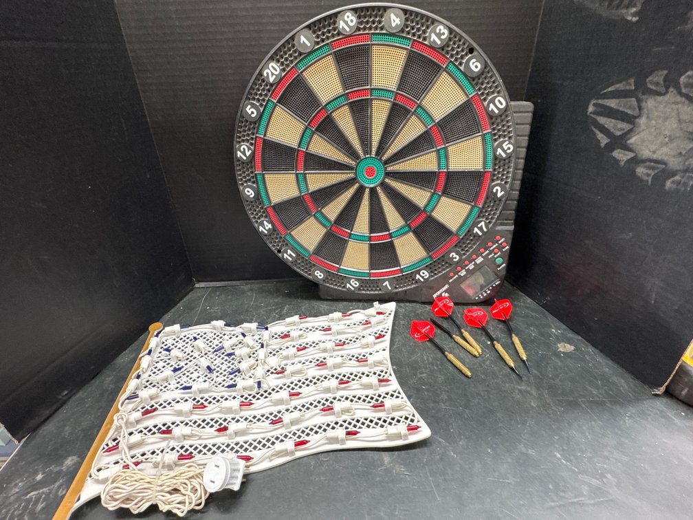 Sportcraft Dart Board, Soft Tip Darts, and Light-Up American Flag
