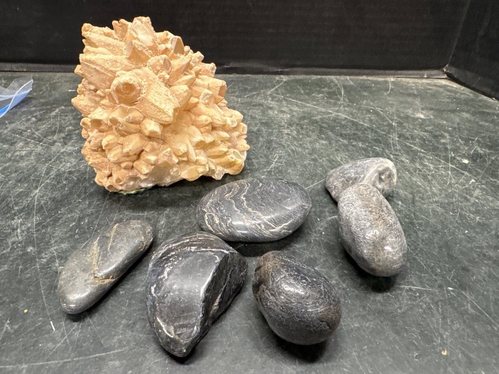 Mineral Crystal Cluster and  Tumbled Dark Grey Stones