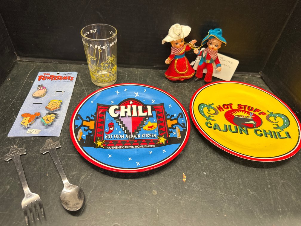 Flintstone Cup/ Button Covers, Hot Pepper Plates, Vintage Plastic Cowboy and Cowgirl Dolls, Sylvester Cat spoon/ Fork