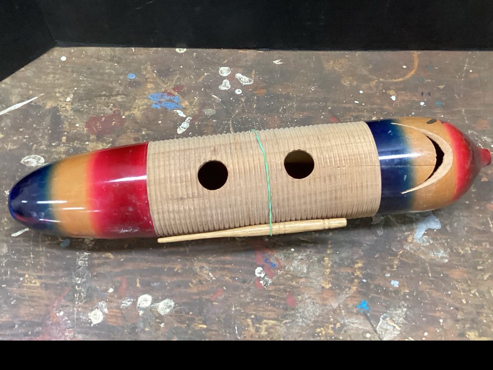 Wooden Cylindrical Guiro with Matching Wooden Scraper