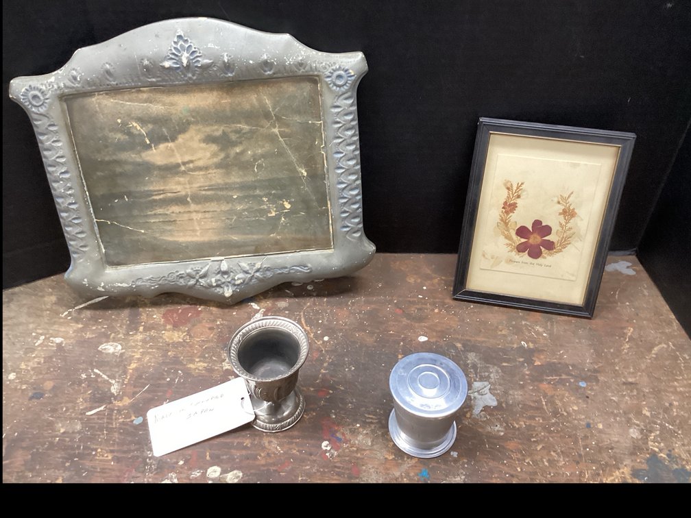 Chalkware Frame with Ocean Scene - Framed Picture of Flowers - Collapsible Cup -  Pedastal Cup